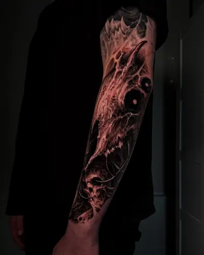 Blackwork forearm sleeve by Andrew Stopay: a bio-horror bird skull with hollow eyes, horns and webbed organic structures