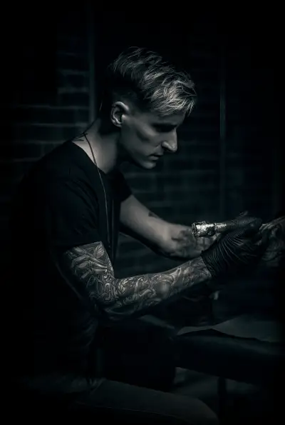 Portrait of Andrew Stopay tattooing, with his own tattooed sleeve in view