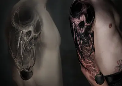 From sketch to skin: the design for a creature skull sleeve next to the healed tattoo by Andrew Stopay